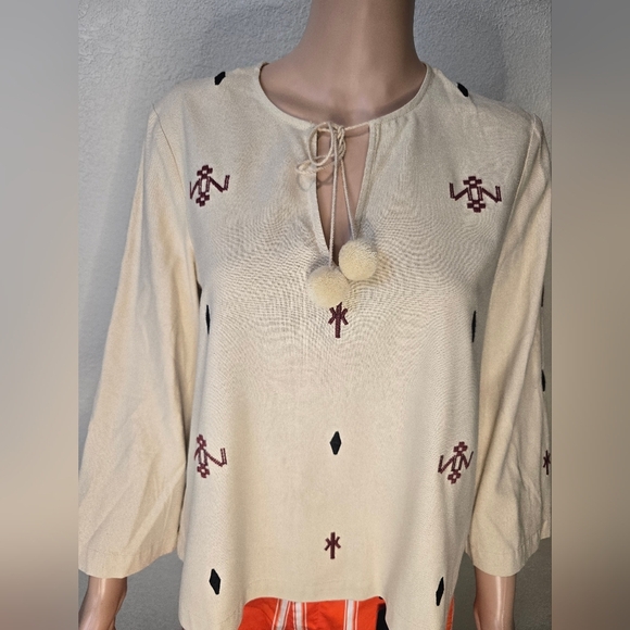 Madewell Embroidered  Top Raw Silk Noil Yarn Size Sm Beige Tribal Print Western - Picture 3 of 14